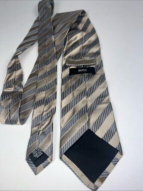 BOSS Beige and Gray Diagonal Stripe Silk Tie